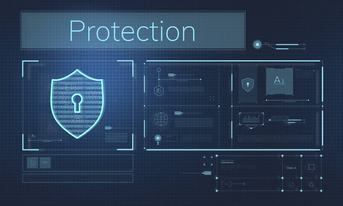 A blue shield underneath the word 'Protection' with various technology icons to the right of the shield