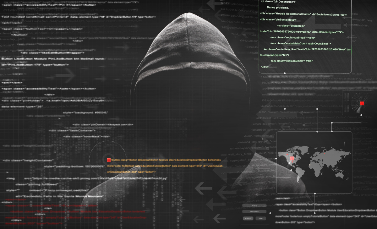 Close up of a person whose face is obscured by a hood, with data and information floating in front of his face