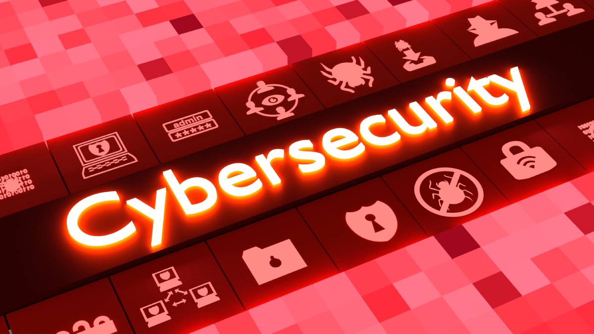 The word 'cybersecurity' in red neon text surrounded by cubes containing icons related to cybersecurity