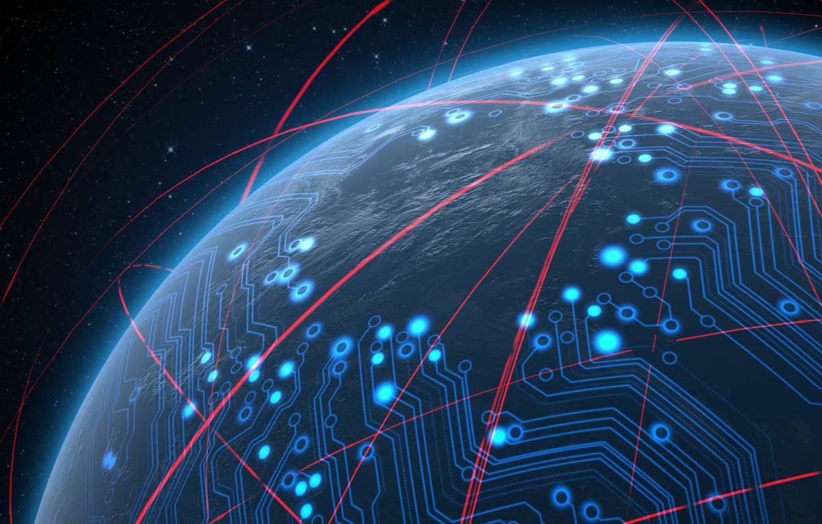 Earth shown from space with digital connections across the surface.