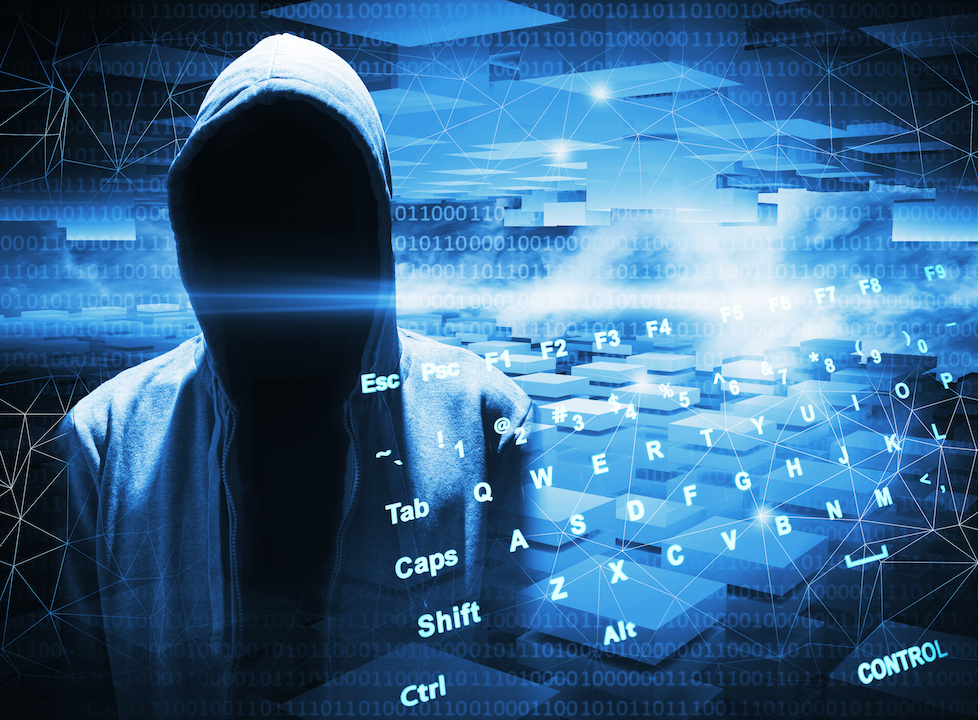 Hooded man on dark digital background. Hacker/cyber security concept.