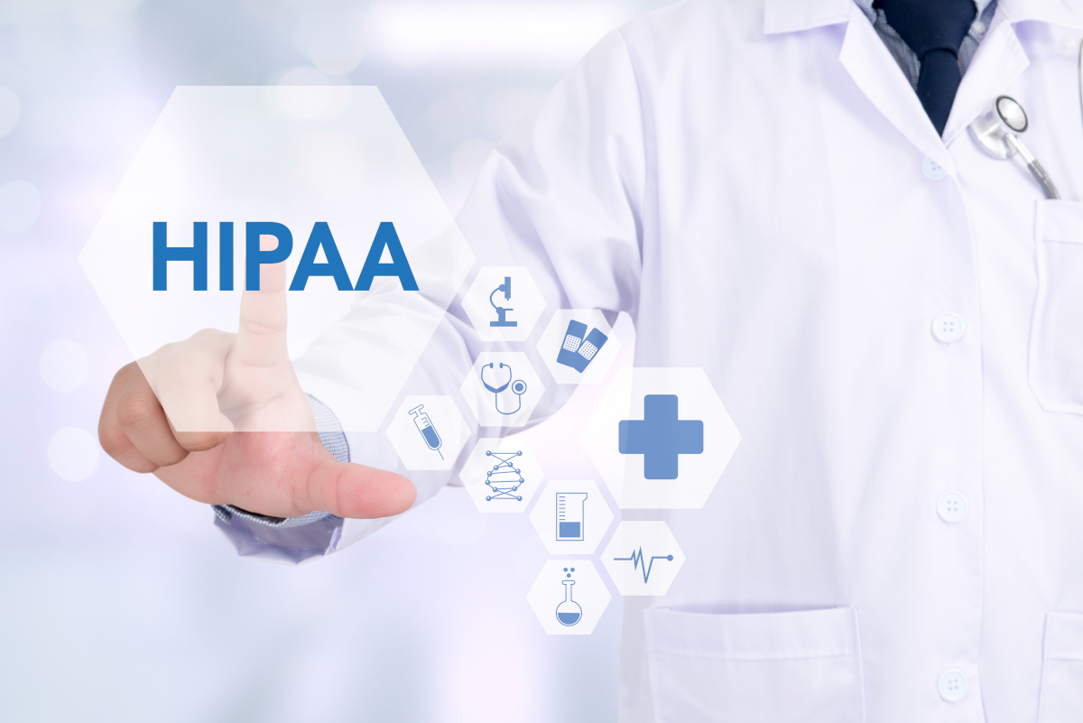 A doctor reaching out and touching a hexagon with the word 'HIPAA' in it, that is connected to several other hexagons with medical icons in them.