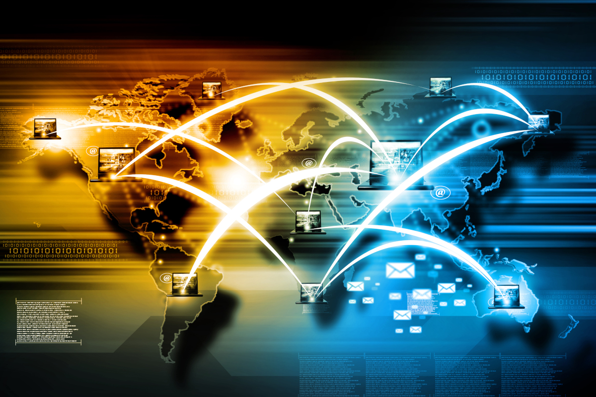 A map of the world overlayed with laptops with connections drawn between them to convey communication