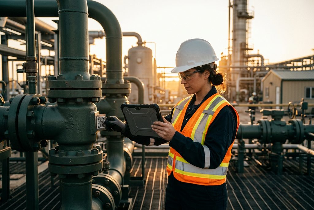 Integrity engineer scanning a QR-code inspection tag on a pipeline valve with a rugged tablet