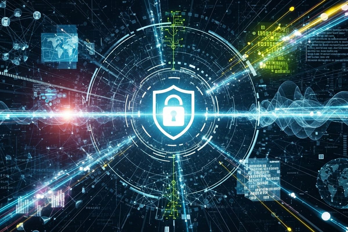 Digital shield and padlock icon surrounded by a network of data connections