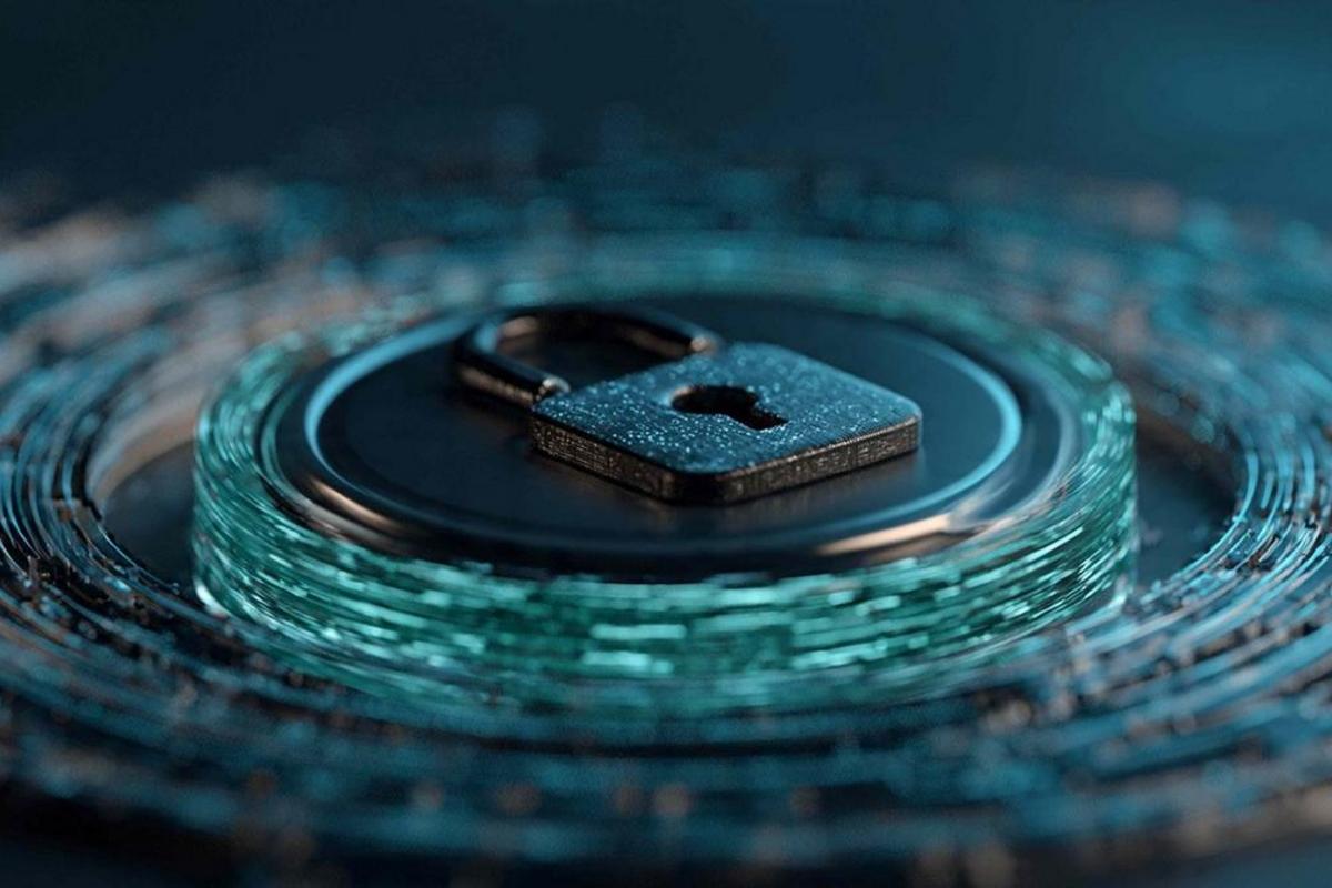 Padlock resting on a glowing circuit ring surrounded by streams of binary code