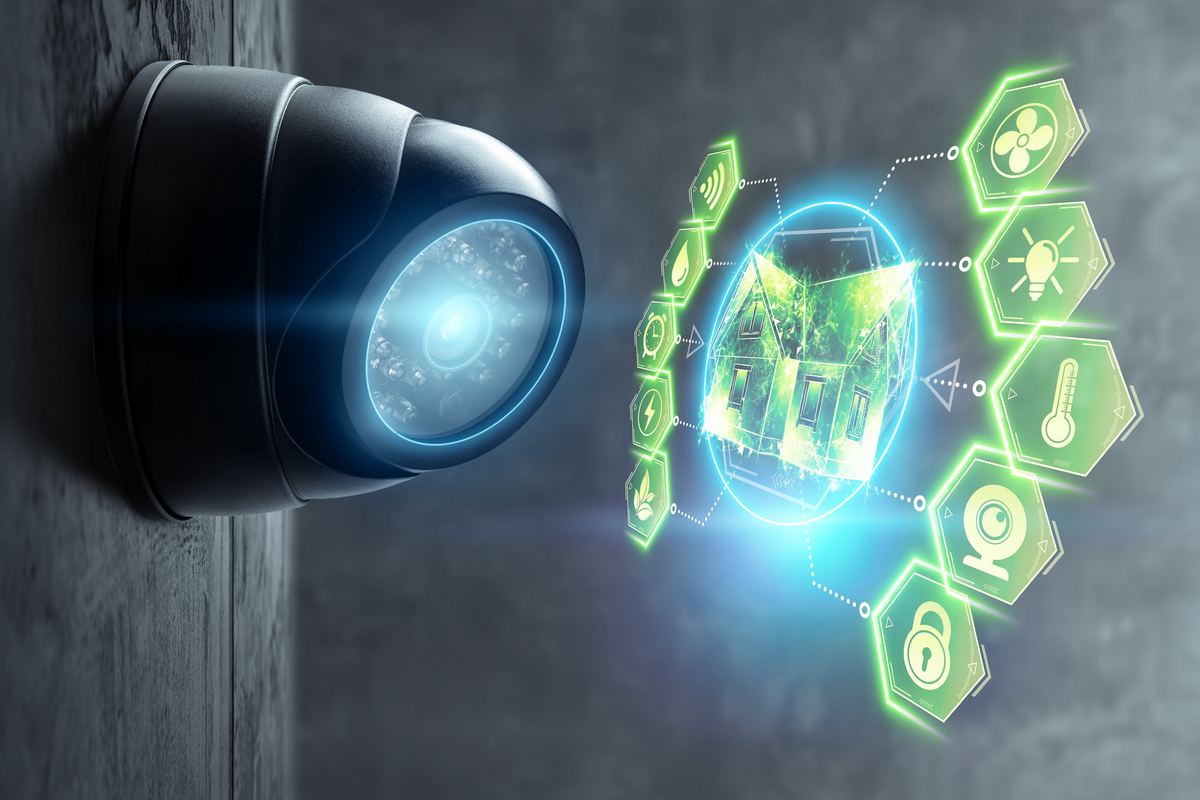 Security camera monitoring a building alongside connected device and lock icons