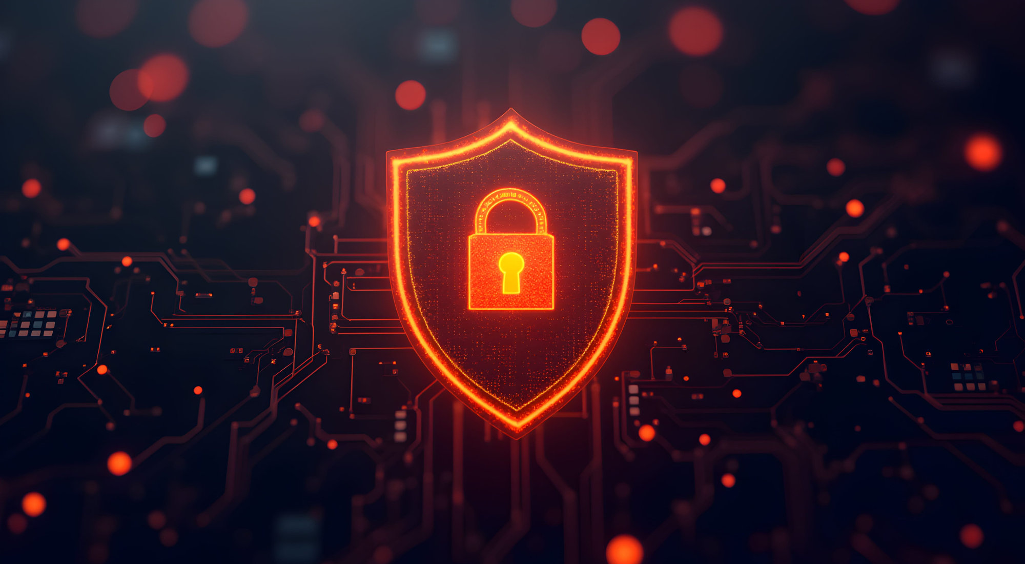 Digital cybersecurity visualization with lock and shield